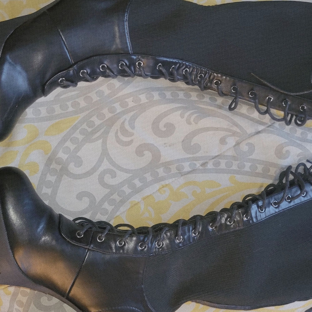 Black Lace-Up Knee-High Boots
